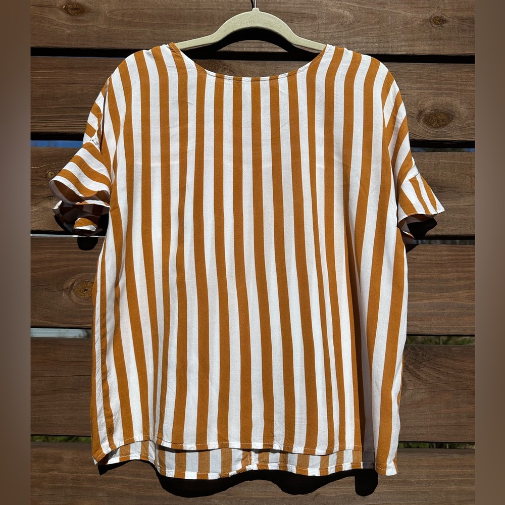 Striped Burnt Orange and White Short Ruffle Sleeve Top Back Button Detail